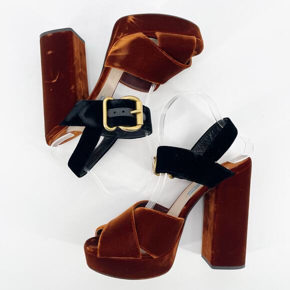 Prada Bicolor Velvet Block-heel Chunky Platform Sandal In Black-Tabacco IT 40 - Picture 5 of 13